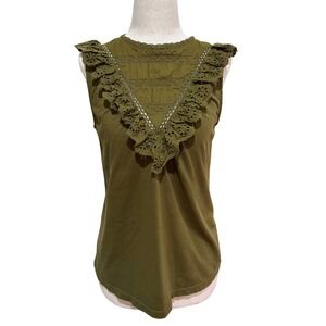 J Crew‎ Olive Green Eyelet Lace Ruffle Cap Sleeve Top Women's XS